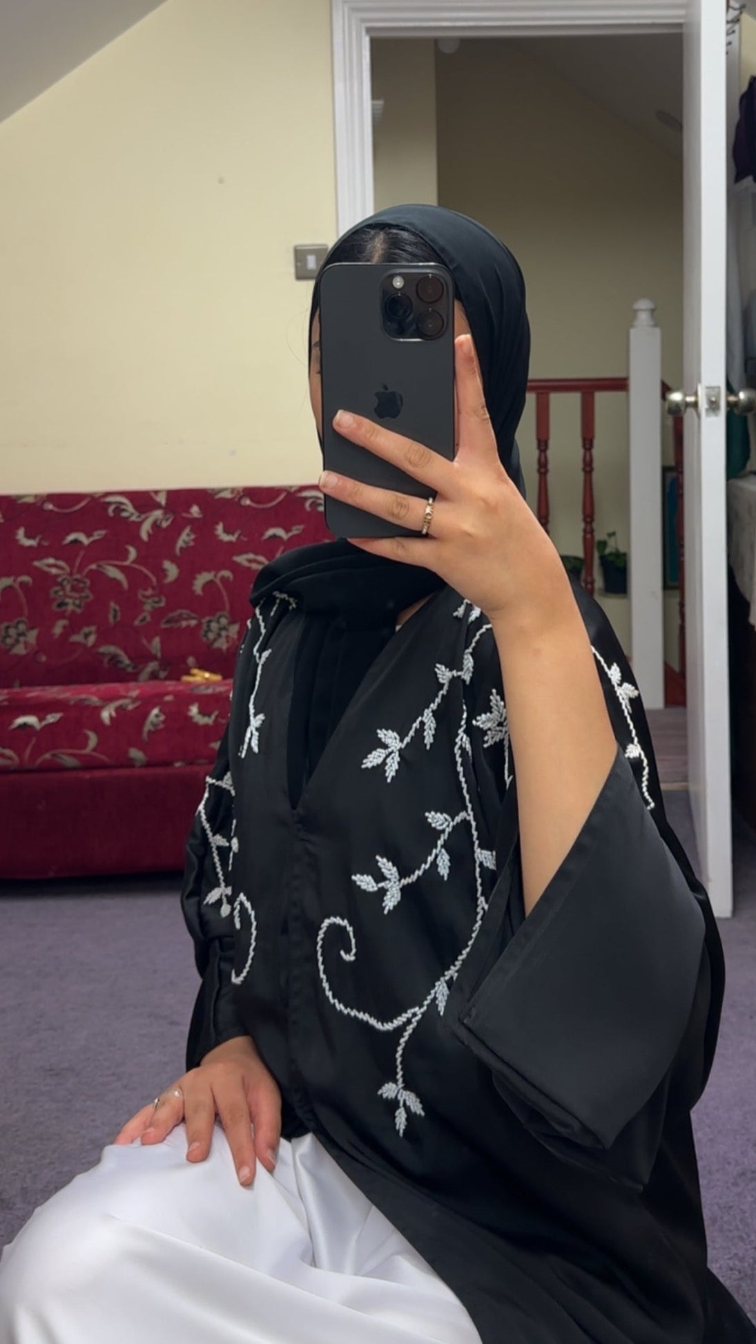 BLACK ABAYA WITH WHITE EMBELLISHMENTS
